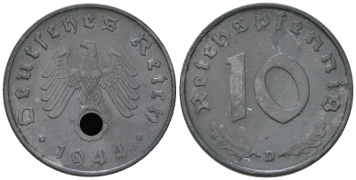 Германия 10 рейхспфеннигов 1944 D J. 371, KM 101 цинк 4175-346