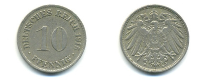 ГЕРМАНИЯ 10 ПФЕННИГОВ 1915 D KM 12, J. 13 медно-никель 4379-868