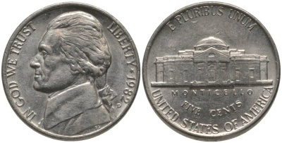 США 5 центов 1982 D, президент Джеферсон KM А192 медно-никель 181-115