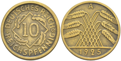 ГЕРМАНИЯ 10 РЕЙХСПФЕННИГОВ 1925 A KM 40, J. 317, Weege 9 алюминиевая бронза 4182-713