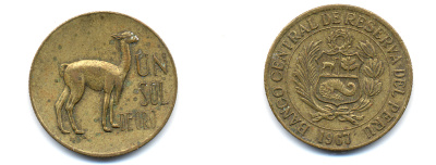 ПЕРУ 1 СОЛЬ 1967 ЛАМА KM 248 латунь 83-1132