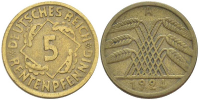 ГЕРМАНИЯ 5 РЕНТЕНПФЕННИГОВ 1924 A KM 43, J. 308, Weege 6 алюминиевая бронза 206-763