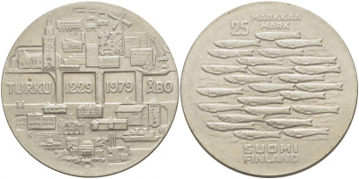Финляндия 25 марок 1979 K-H, 750 лет городу-порту Турку KM 58 серебро 443-225