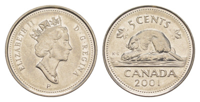 Канада 5 центов 2001 P, Елизавета II (1952-2022), бобр KM 182b сталь плакированная никелем 4636-626