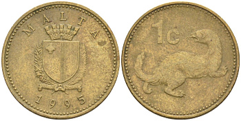 Мальта 1 цент 1995 ласка, горностай KM 93 никель латунь 4585-1224