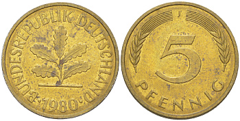 ФРГ 5 ПФЕННИГОВ 1980 J KM 107, J. 382 сталь плакированная латунью 4181-969
