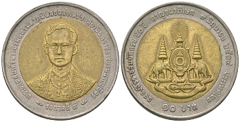 Таиланд 10 бат 1996 BE 2539, Рама X (1946-2016), 50 лет правления Короля Рамы IX KM 328 биметалл 4605-214