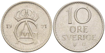 Швеция 10 эре 1971 U, Густав VI Адольф (1950-1973) KM 835 медно-никель 4516-444