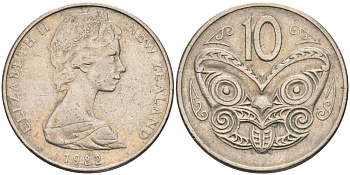 Новая Зеландия 10 центов 1982 Елизавета II (1952-2022), маска маори KM 41.1 медно-никель 4126-1231