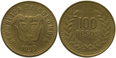 Колумбия 100 песо 1993 KM 285.1, Restrepo 445.2 латунь 4538-1237