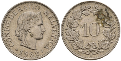 Швейцария 10 раппенов 1962 B KM 27 медно-никель 4189-359