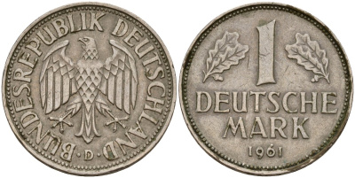 ФРГ 1 марка 1961 D KM 110, J. 385 медно-никель 4159-1044