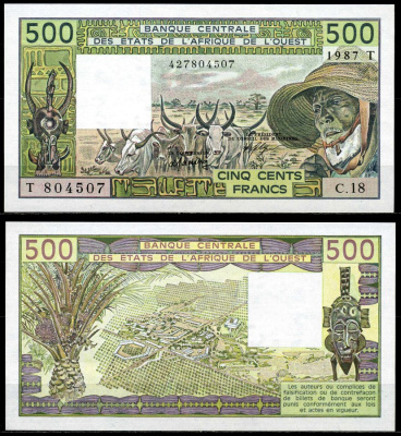 Валютный Союз Стран Западной Африки 500 франков 1987 буква Т, Того, signatures: Komla Alipui & A. Fadiga, 9 цифр в номере Pick 806Tj бумага UNC (пресс) 7200-3-1