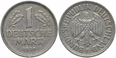 ФРГ 1 марка 1950 F, KM 110, J. 385 медно-никель 113-153