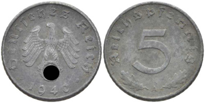 ГЕРМАНИЯ 5 РЕЙХСПФЕННИГОВ 1940 A KM 100, J. 370 цинк 105-235