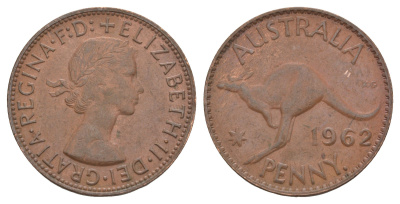 Австралия 1 пенни 1962 p, Елизавета II (1952-2022), кенгуру KM 56 бронза 4683-522