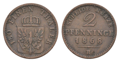Пруссия 2 пфеннига 1868 B, Вильгельм I (1861-1888) KM 481, Jaeger 51, AKS 107, Olding 425 медь 4651-262