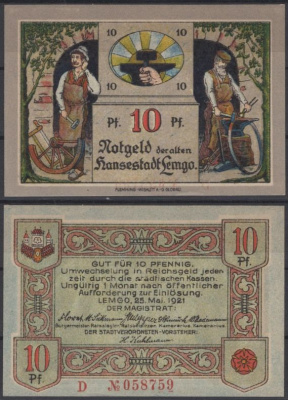 Лемго 10 пфеннигов 1921 Grabowski 789.3a-1/3 бумага UNC (пресс) 8601-10-1-2