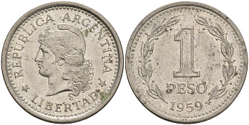 Аргентина 1 песо 1959 голова свободы влево KM 57 сталь плакированная никелем 4561-625
