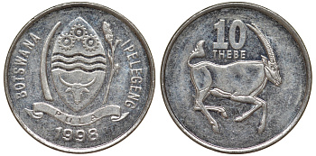 Ботсвана 10 тхебе 1998 сернобык KM 27 никелированная сталь 4164-543