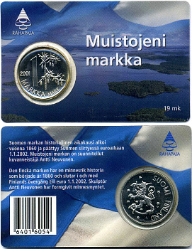 Финляндия 1 марка 2001 последняя марка перед евро, запайка, буклет KM 106 медно-никель UNC 3-4-8-74