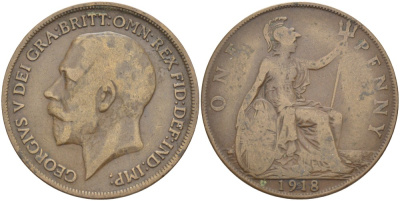 Великобритания 1 пенни 1918 Георг V (1910-1936) KM 810, Spink 4051 бронза 4531-221