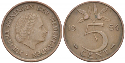 НИДЕРЛАНДЫ 5 ЦЕНТОВ 1954 ЮЛИАНА KM 181 бронза 214-768