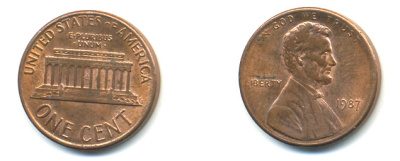 США 1 цент 1987 Линкольн KM 201b цинк плакированный медью UNC 179-419