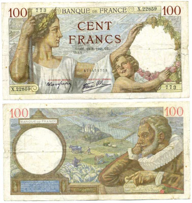 ФРАНЦИЯ 100 ФРАНКОВ 1941 19 ИЮНЯ 1941, ЖЕНЩИНА С РЕБЕНКОМ Pick 94 бумага 6262-18-1-1