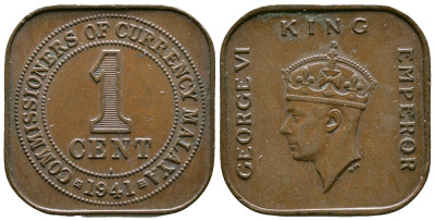 Британская Малайя 1 цент 1941 I, Георг VI (1937-1952) KM 2 бронза 4384-116