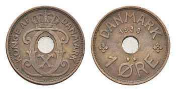 Дания 1 эре 1938 N, Кристиан X (1912-1947) KM 826 бронза 4705-731