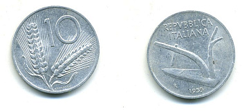 ИТАЛИЯ 10 ЛИР 1955 R, КОЛОСЬЯ, ПЛУГ KM 93 алюминий 25-925