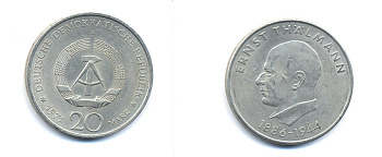 ГДР 20 марок 1971 A, 85 лет со дня рождения Эрнста Тельмана KM 34, J. 1535 медно-никель 3333-641