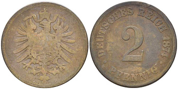 ГЕРМАНИЯ 2 ПФЕННИГА 1874 B, СТАРОГЕРБОВКА KM 2, J. 2, Weege 3 медь 212-431