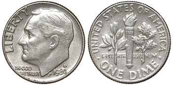 США 10 центов = дайм 1980 D, Рузвельт KM 195а медь покрытая медно-никелем 51-1232