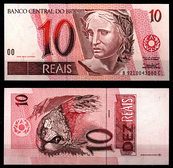 Бразилия 10 реалов ND (1997-2012) Республика, Ара, серия BC Pick 245 Ae бумага UNC (пресс) 2119-44-1-1