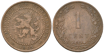 Нидерланды 1 цент 1905 Вильгельмина (1890-1948) KM 132 бронза 4154-828