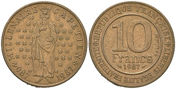 Франция 10 франков 1987 1000 лет первому королю Франции Гуго Капету KM 961 d, Le Franc 371.2 никель латунь aUNC 4619-726