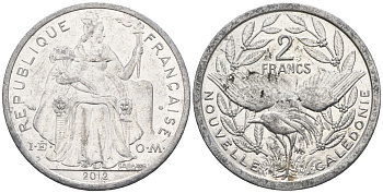 Французская Новая Каледония 2 франка 2012 птица кагу, (IEOM) KM 14, Schoen 11 алюминий    29-741