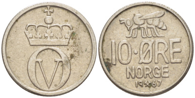 Норвегия 10 эре 1967 пчела, Улаф V (1958-1991) KM 411 медно-никель 4181-1244