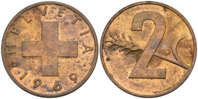 Швейцария 2 раппена 1969 KM 47 бронза 4592-623