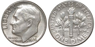 США 10 центов = дайм 1980 D, Рузвельт KM 195а медь покрытая медно-никелем 51-1232