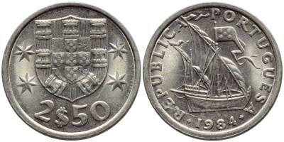 Португалия 2,5 эскудо 1984 парусник KM 590 медно-никель 4396-157
