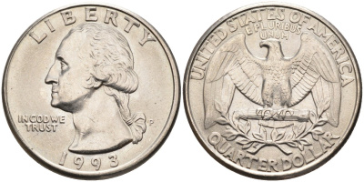 США 25 центов (квотер) 1993 P, Вашингтон KM A164a медь плакированная медно-никелем 67-212