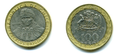 Чили 100 песо 2006 индейцы Мапуче KM 236 биметалл 29-346