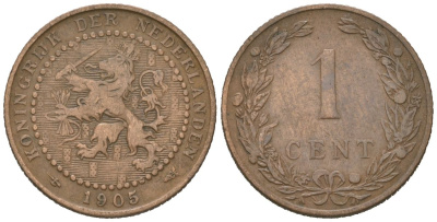 Нидерланды 1 цент 1905 Вильгельмина (1890-1948) KM 132 бронза 4154-828