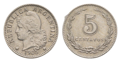 Аргентина 5 сентаво 1905 KM 34 медно-никель 4655-622
