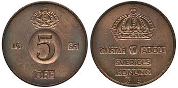 Швеция 5 эре 1965 U, Густав VI Адольф (1950-1973) KM 822 бронза 114-446