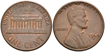 США 1 цент 1964 D, Линкольн KM 201 медь цинк 4564-437