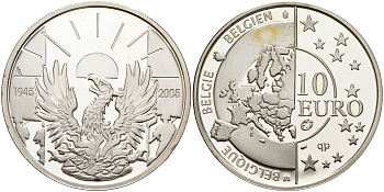 Бельгия 10 евро 2005 60 лет освобождения от фашизма KM 252 серебро  PROOF  1087-4-71